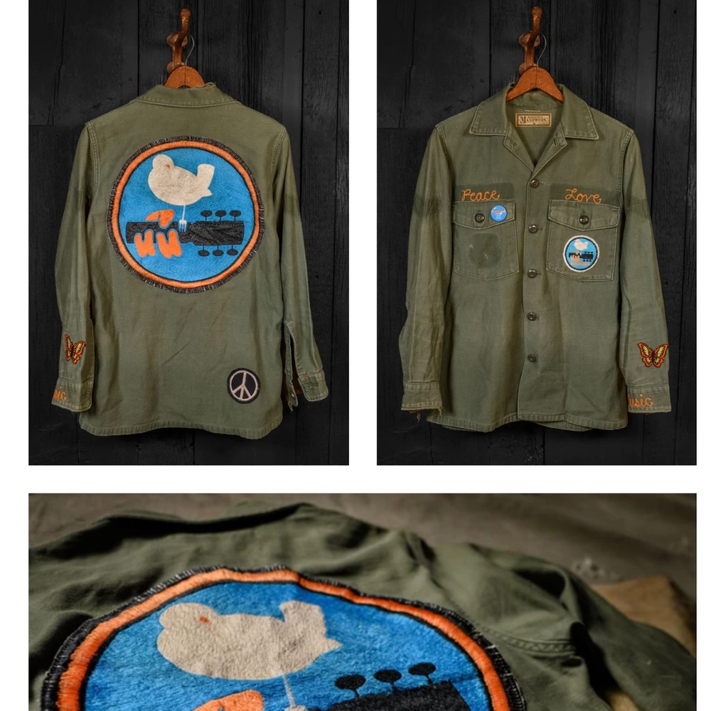 Madeworn xs WOODSTOCK PEACE & LOVE CHAIN STITCHED MILITARY JACKET - Picture 10 of 11